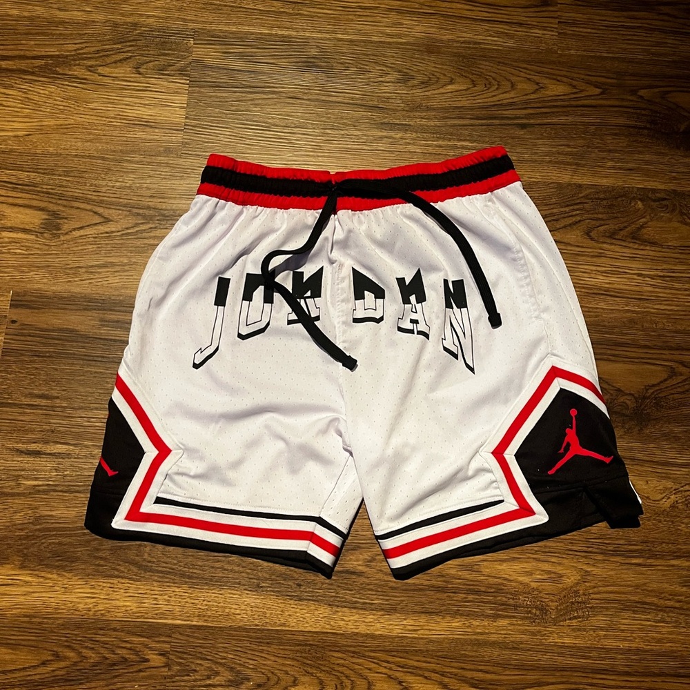 Jordan White and Black Athletic Shorts with Red Accents